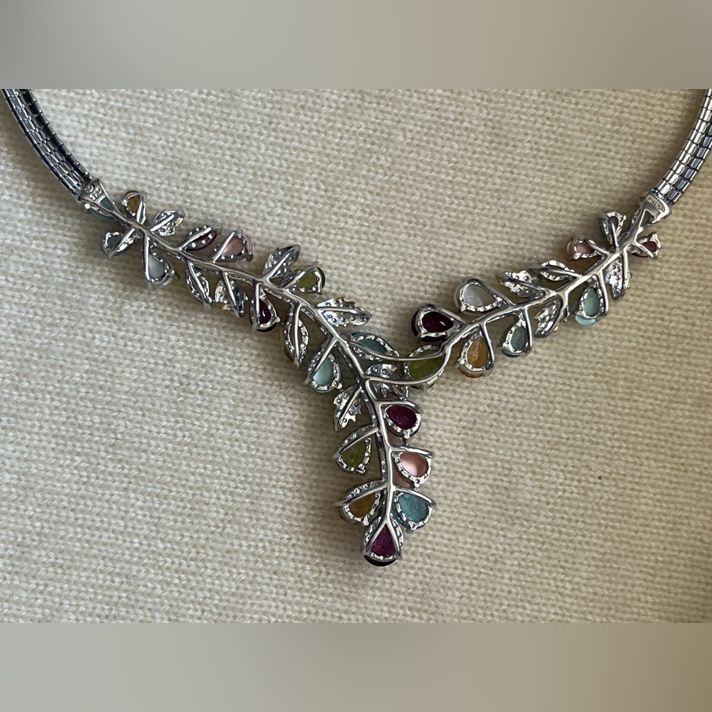 Sterling Silver Omega Necklace w/semi precious gemstones & gold plated leaves - Picture 10 of 14